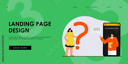 Virtual assistant man on mobile screen flat vector illustration. Girl standing next to question mark. Consultant bot, technical support, concept for banner, website design or landing web page.