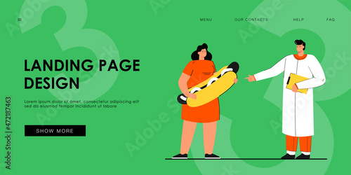 Obese girl at nutritionist appointment flat vector illustration. Woman holding hot dog, having problems with being overweight. Doctor warning of consequences. Obesity, diet, unhealthy concept