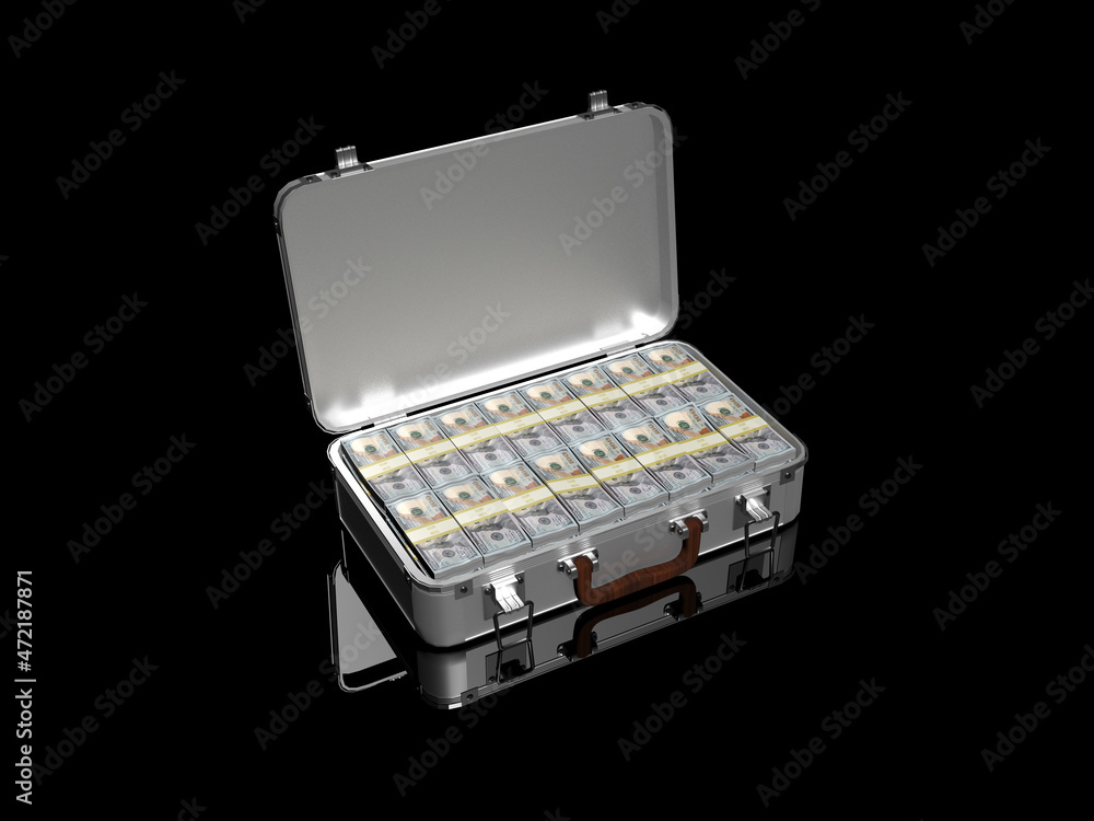 3d rendering. Aluminum case filled with bundles of one hundred dollar bills on a black glazed surface 3d rendering. Aluminum case filled with bundles of one hundred dollar bills on a black glazed surface