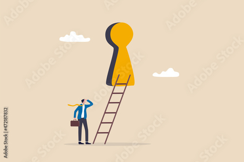 Business opportunity or ladder of success, challenge ahead for career development and personal improvement, motivation and inspiration concept, businessman climbing up ladder through secret keyhole.