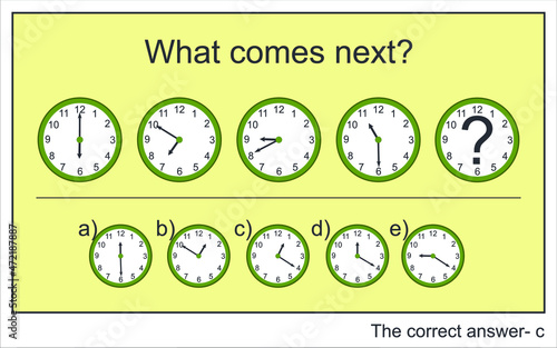 Educational worksheet for kids. What comes next.  Exercise about time and clocks.