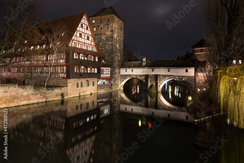 Nuremberg. Bridge over the Pegnitz River and Water tower in night, German