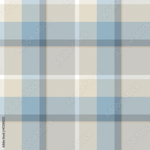 Seamless plaid pattern in blue, beige, gray and white. All over classic fabric print. 