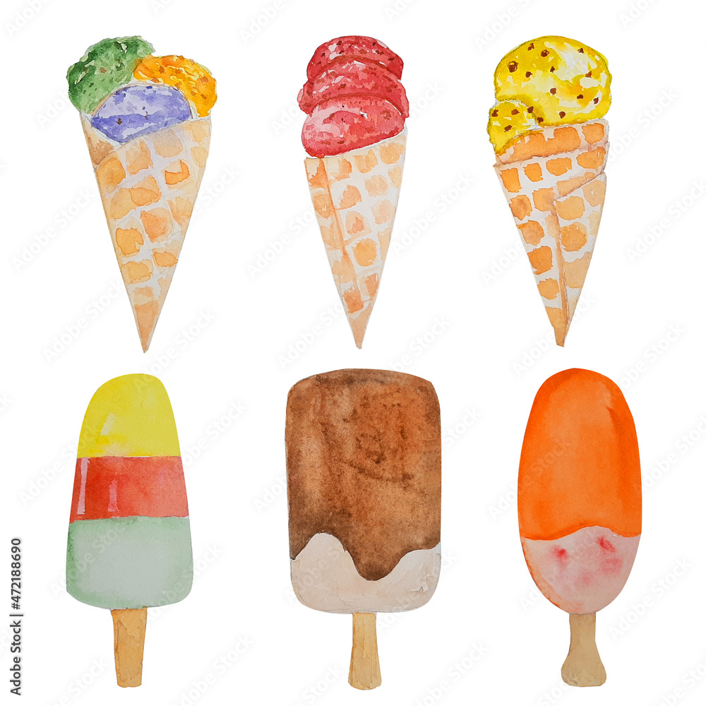 watercolor ice cream on white background