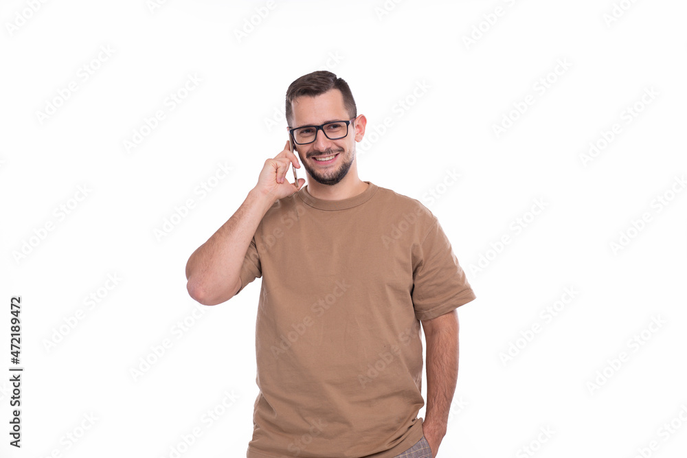 Man Talking on Phone Standing Isolated. Commecial, Shopping, Advertisment Concept. Technology Man Talking on Phone Standing Isolated. Commecial, Shopping, Advertisment Concept. Technology