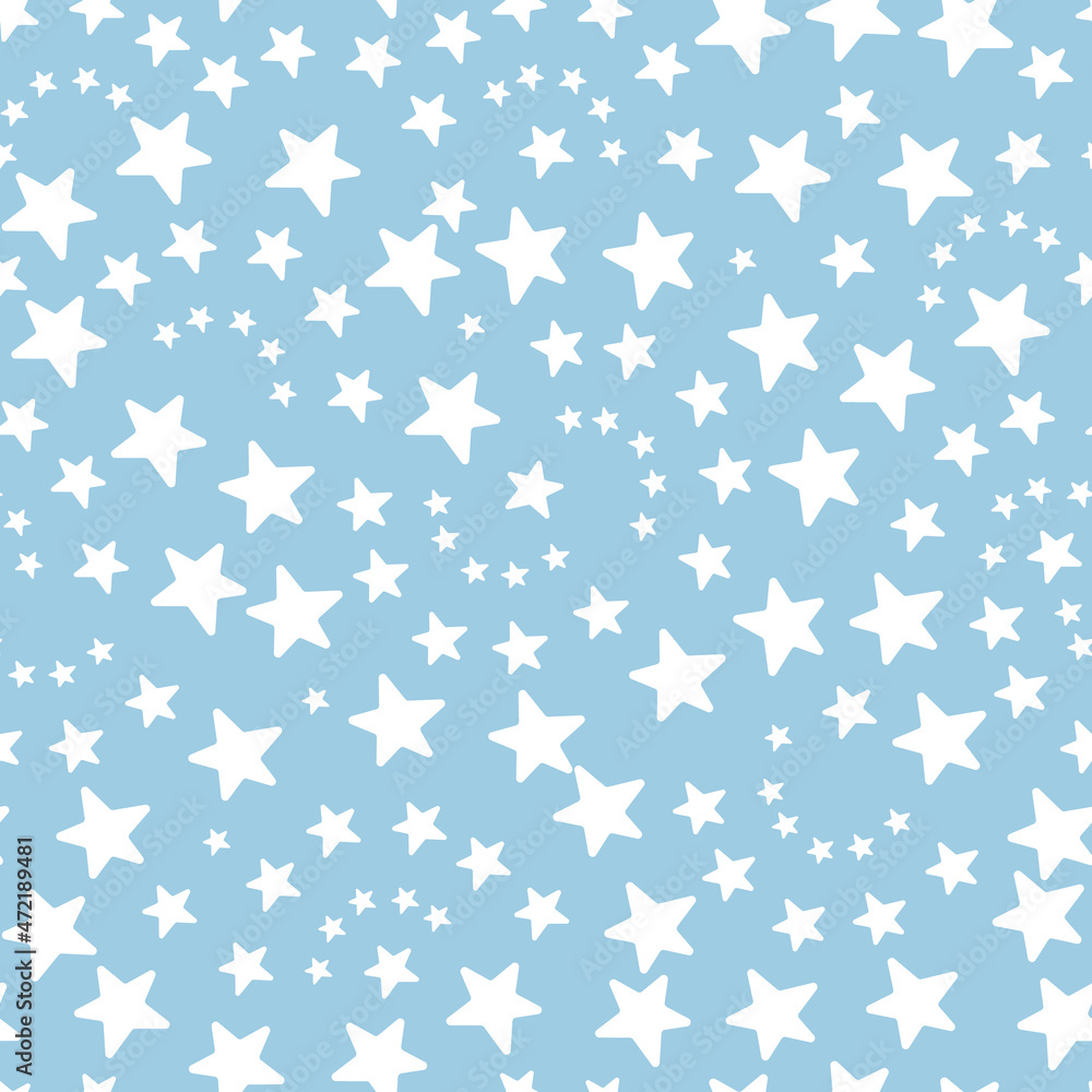 Stars. Seamless vector pattern. Isolated blue background. Flat style. Endless ornament of white stars. Delicate background. Idea for web design, packaging, wallpaper, covers, textiles, printing. 