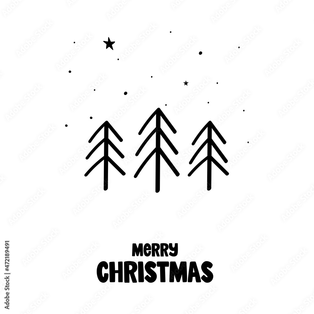 Hand drawn vector illustration of Christmas trees with falling snow in the background. Doodle Christmas card.