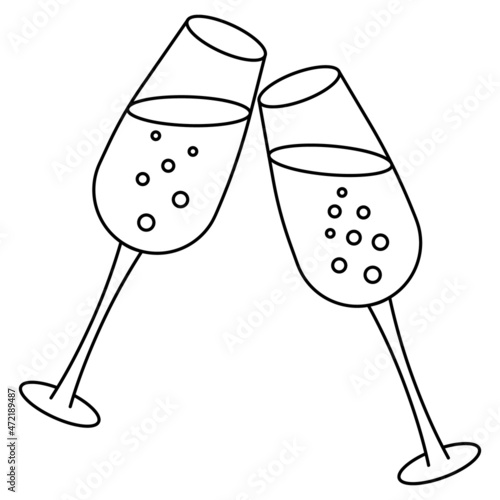 Toast. Glasses of champagne clink each other. Sketch. Crystal glassware. Vector illustration. A container with sparkling wine. Magic bubbles. Outlines on an isolated white background. Doodle style. 