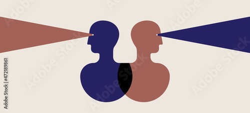Opposing views, different directions. Two abstract human head with reversed thoughts and opinions. Vector illustration, EPS 10