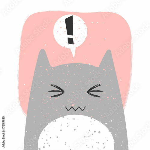 Cute confused cat with anime emotion and speech babble. Hand drawn vector illustration of kitty in flat cartoon design. Cute childish clip art with kitten. Isolated on white background.