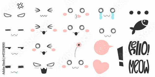 Kawaii cats various emotions: happy, love, kiss, angry, crying, confused and etc in anime or manga style. Hand drawn bundle with funny kitten faces in cartoon flat design isolated on white background