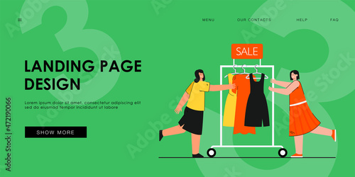 Salesgirls pushing clothes rail with dresses. Sale of gowns flat vector illustration. Clothes racks in background. Selling, shop assistant concept for banner, website design or landing web page.