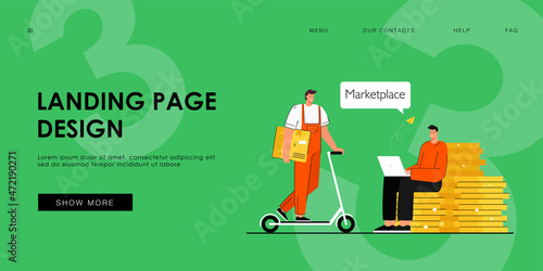 Man making online order on marketplace flat vector illustration. Courier delivering order on scooter during lockdown. Express delivery, service concept for banner, website design or landing web page