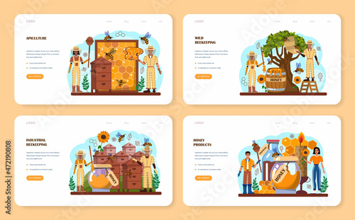 Hiver or beekeeper web banner or landing page set. Apiculture farmer
