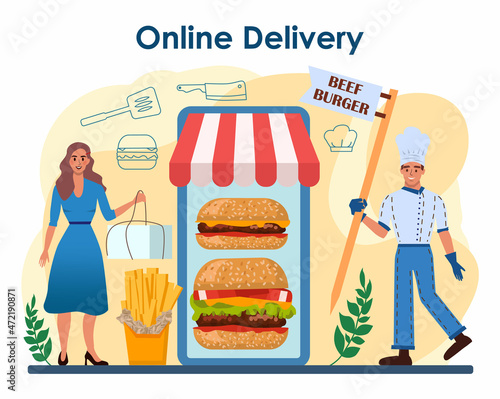Burger house online service or platform. Chef cook tasty hamburger