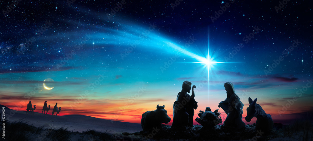 Obraz Nativity Of Jesus - Scene With Holy Family Under Comet Star fototapeta, plakat