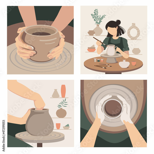 Slika na platnu Set of illustrations for a pottery workshop. Vector illustration