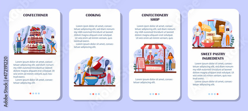 Confectioner mobile application banner set. Professional confectioner chef