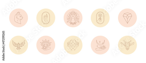 Set of icons and emblems for social media stories highlight covers in linear style vector illustration.