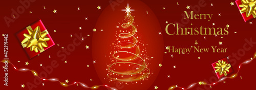 Happy New Year background. Golden christmas tree with star and gift box strewn with serpentine on red background, garland realistic 3D decorative glow. Christmas decorations. Vector illustration