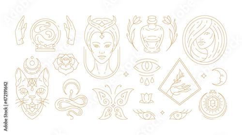 Magic woman boho vector illustrations of graceful feminine women and esoteric symbols set