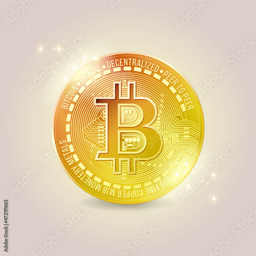 Gold bitcoin coin on a gentle pink background with glare Bitcoin Gold blockchain hard fork concept. Realistic vector illustration of cryptocurrency.
