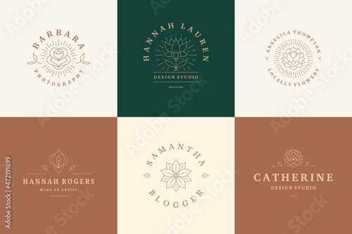 Flower logos emblems design templates set with botanical plants and rose vector illustrations minimal linear style.