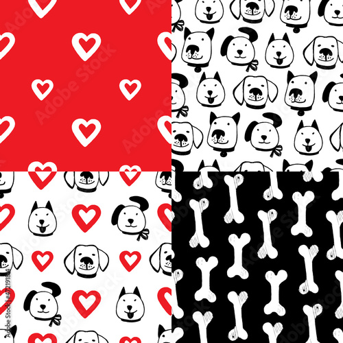 Vector set of 4 seamless patterns with smiling dog faces, bones and hearts