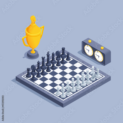 isometric vector illustration on gray background, chessboard with figures and chronometer next to golden cup, tournament or championship