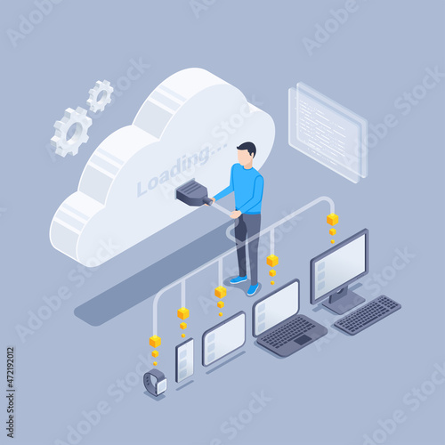 isometric vector illustration on gray background, man connects his gadgets and devices to the cloud, reliable data storage