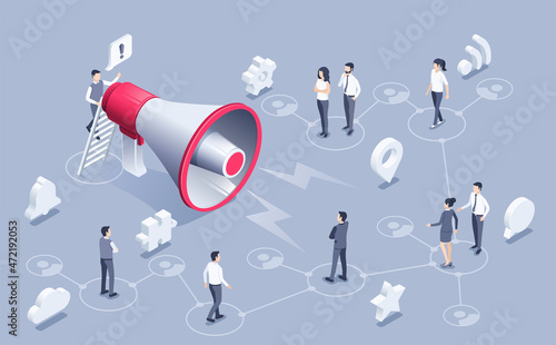 isometric vector illustration on a gray background, a man speaks important information to other people through a loudspeaker, spread of information