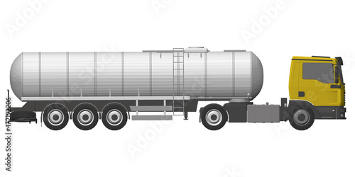Tank truck for transportation of gasoline isolated on a white background. Truck with a tank for the transport of goods. Side view. 3D. Vector illustration