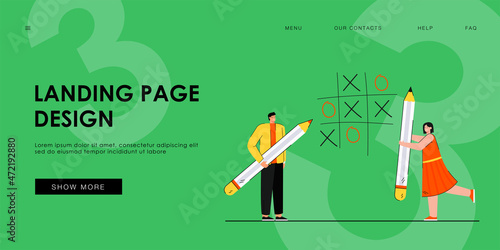 Tiny people playing noughts and crosses flat vector illustration. Happy man and woman holding huge pencils. Game, ticktacktoe, together, strategy concept for banner, website design or landing web page