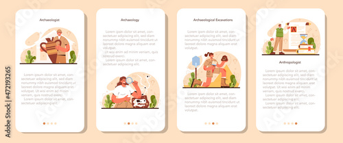 Archaeologist mobile application banner set. Ancient history scientist