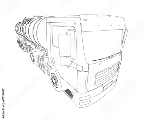 Contour of a tank truck for transportation of gasoline from black lines isolated on a white background. Truck with a tank for the transport of goods. Perspective view. Vector illustration
