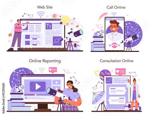 Astronomy and astronomer online service or platform set. Astrophysicist study