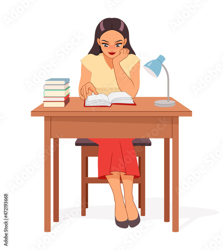 Young woman sitting at desk reading books. Student girl studying or preparing for an exam. Vector illustration.