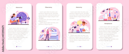 Astronomy and astronomer mobile application banner set. Professional scientist