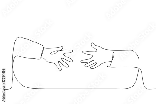 two left hands of different people reach out to each other - one line drawing vector. concept before handshake, mutual attraction to each other, provide help and support, ask for help, charity