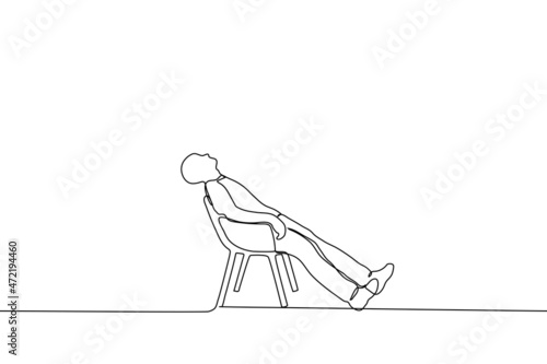 man sits on chair stretching his body in straight line and face pointing up - one line drawing vector. inflexibility metaphor, relaxation concept, lounging on chair
