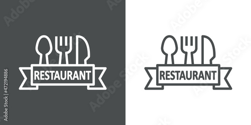 Banner con texto Restaurant en cinta con cubiertos con líneas en fondo gris y fondo blanco