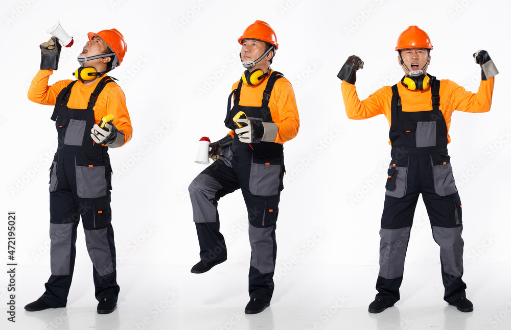 Senior Asian Man wear Orange uniform shirt hardhat and leather glove as engineer construction site Senior Asian Man wear Orange uniform shirt hardhat and leather glove as engineer construction site