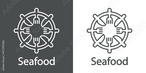 Logotipo restaurante. Banner con texto Seafood y silueta de timón de barco con cubiertos con líneas en fondo gris y fondo blanco