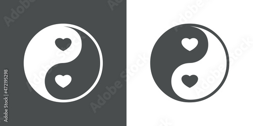Logotipo con símbolo yin yang con corazones en fondo gris y blanco