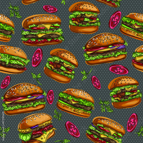vector seamless pattern with cheeseburgers. Background with fast food and herbs. Bread with sesame seeds  meat  cheese  tomatoes  lettuce and cabbage.