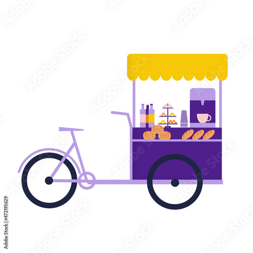 Coffee cart bicycle. Street food mobile shop. Flat cartoon vector illustration