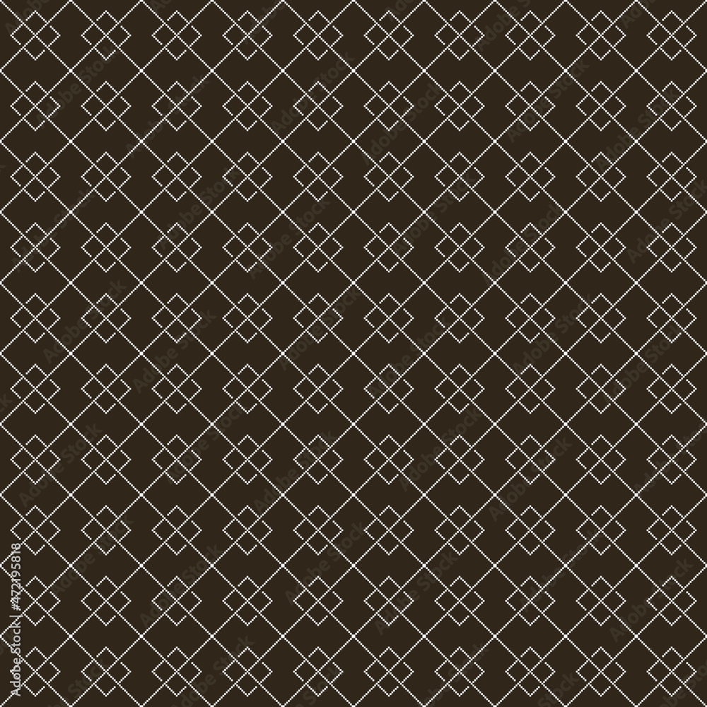 simple vector pixel art black and white seamless pattern of minimalistic abstract rhombus grid tile on black background