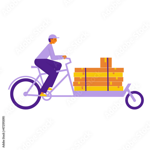 Man courier on a cargo long john bike with big heavy long boxes. Bicycle delivery man carrying package. Ecological city transport. Flat vector illustration