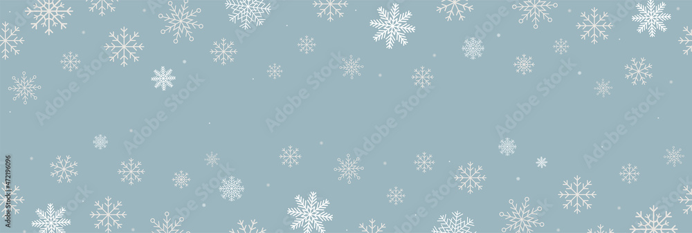 Winter blue background with snowflakes horizontal seamless pattern. White snowflakes on blue background. Vector snowflakes scattered banner. copy space for your text.