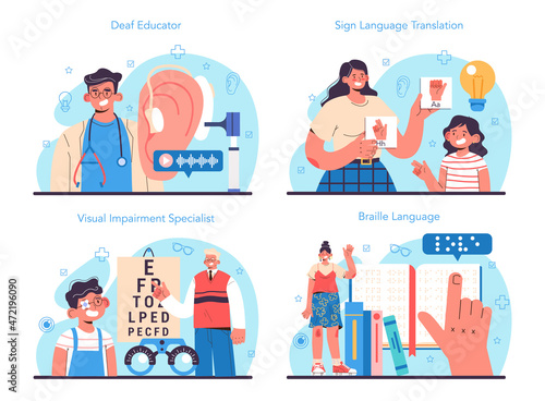 Disabled people education set. Specialist teaching disabled people